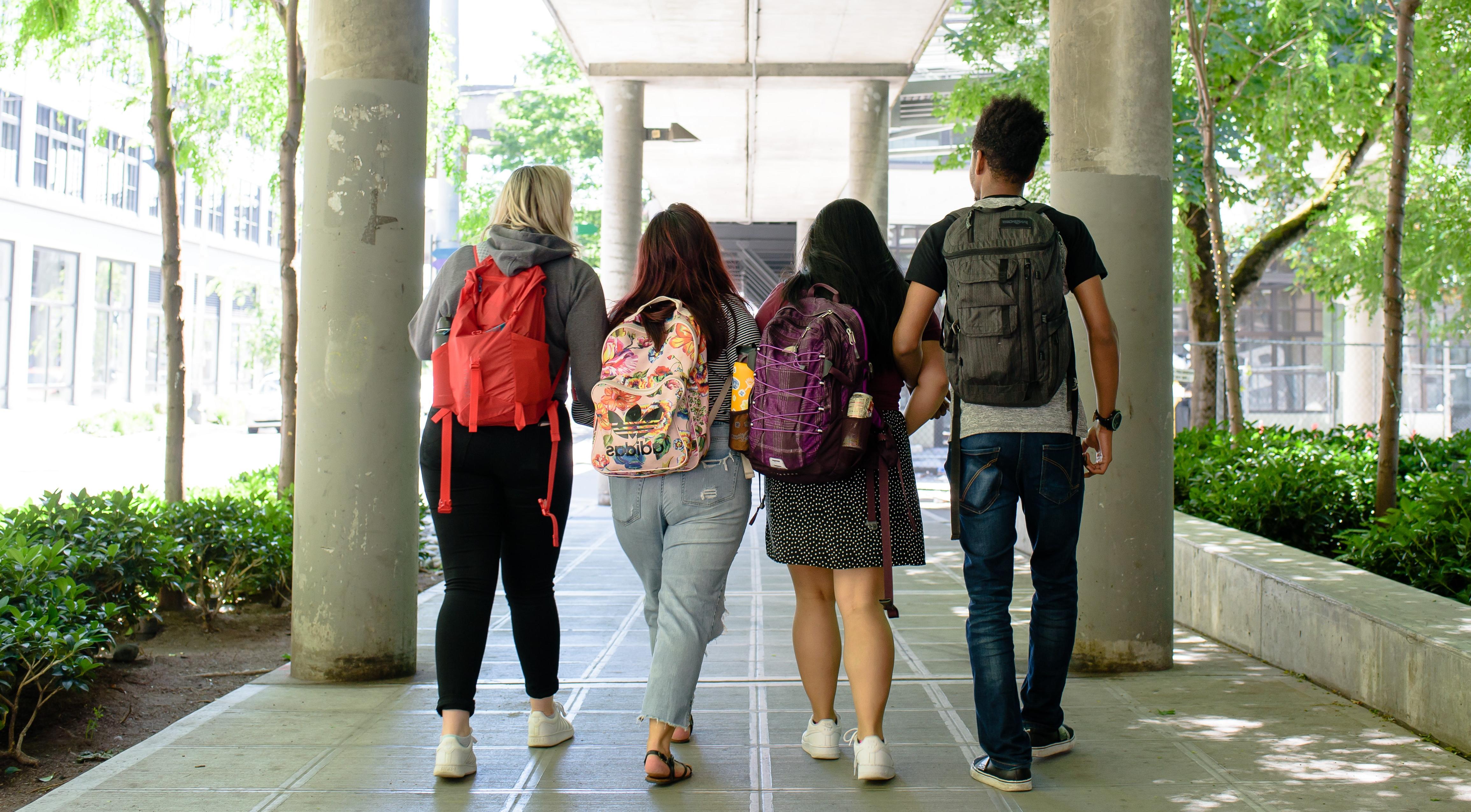 四名学生背对着镜头走在一条有遮盖的人行道上. 